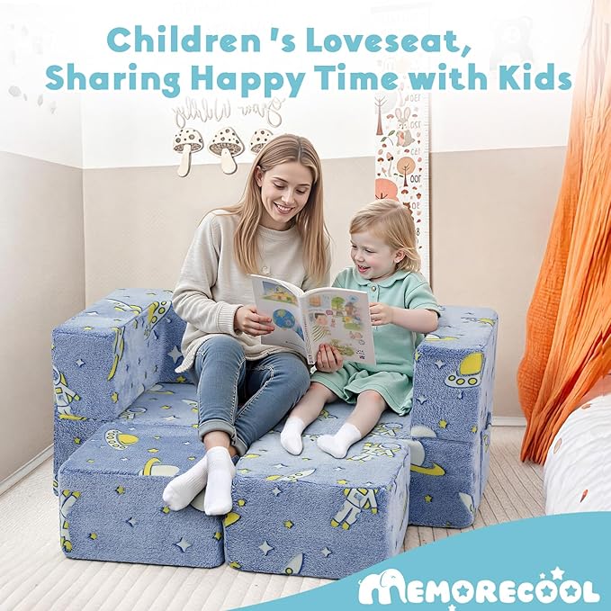 MeMoreCool Modular Kids Couch, Glow Play Toddler Couch for Bedroom Playroom, Convertible Foam Kids Sofa Bed, Fold Out Baby Sofa for Girl Boy, Denim Rocket