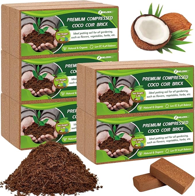 ZeeDix 10 Pack Coconut Coir Bricks, 100% Organic Compressed Coco Coir Brick Seed Starter Potting Soil for Plants, Premium Coconut Fiber Substrate with Low EC & pH Balance for Gardening Flower Herbs