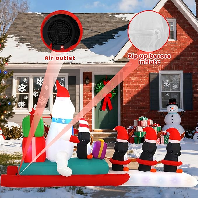 10FT Penguin Pulling a Polar Bear On a Sleigh Christmas Outdoor Inflatable Decoration, Built-in LED Lights and Flashing Lights, Suitable for Christmas Lawns, Gardens, and Courtyards