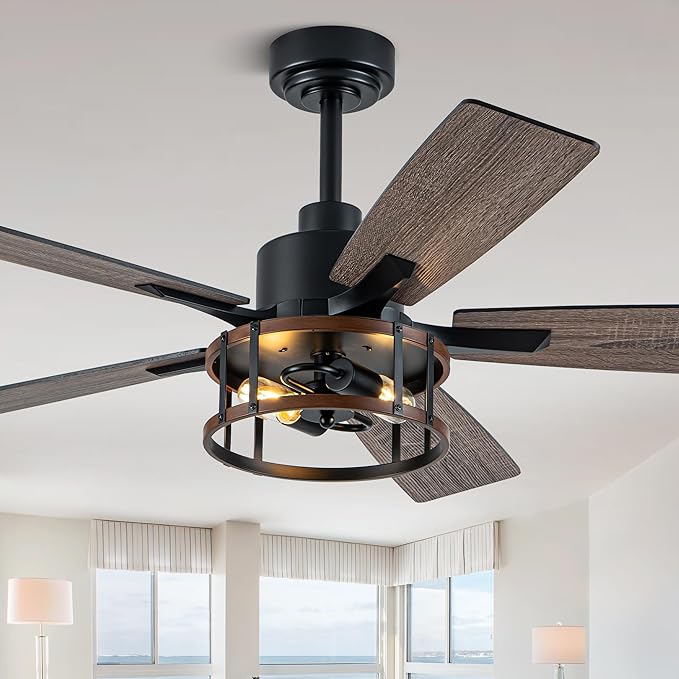 52" Farmhouse Ceiling Fans with Lights, Caged Ceiling Fan with Light and Remote,Reversible Motor,5 Double Finish Wood Blades,Black Rustic Industrial Ceiling Fan for Living Room/Dining Room