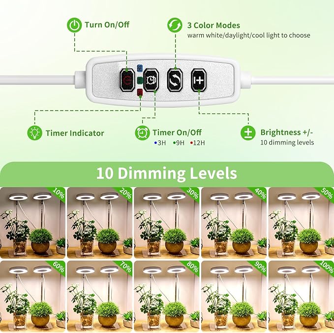 Brightown Plant Grow Light, LED Growing Light for Indoor Plants, 2 Head 96 LED Adjustable Height Growing Lamp with Timer, 3 Dimmable Brightness Levels, Low Safe Voltage, Perfect for Small Plants