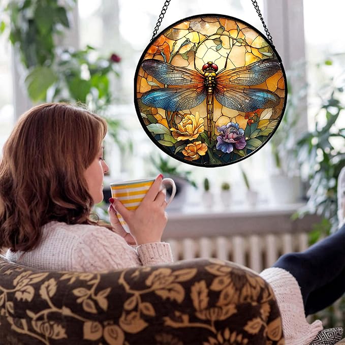 Stained Glass Window Hanging - Orange Blue Dragonfly Flower Suncatcher for Doors Window Home Sun Catchers Decor Christmas Mother's Day Birthday Outdoor Gifts for Women Men Mom Nana 7.8 in