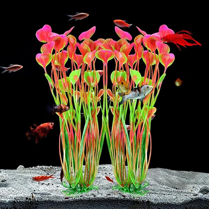 AQUANEAT Artificial Fish Tank Plants, Plastic Aquarium Accessories Large, 15.5 inch Pink Decorations, 2pcs