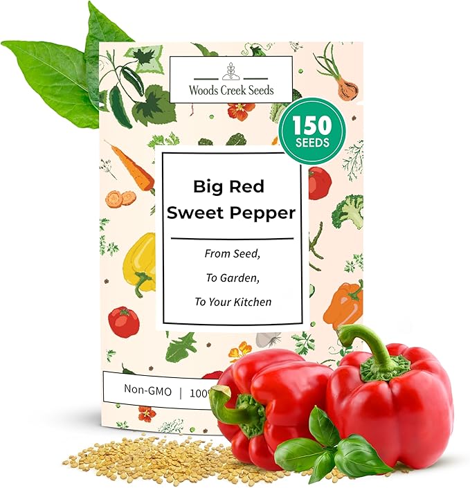 Woods Creek Seeds: Big Red Sweet Pepper Seeds for Planting - Non-GMO and Heirloom Bell Pepper Seeds for Planting Outdoors or Indoors for Home Plant Gardens - Large and Blocky Bell Peppers Seed Pack