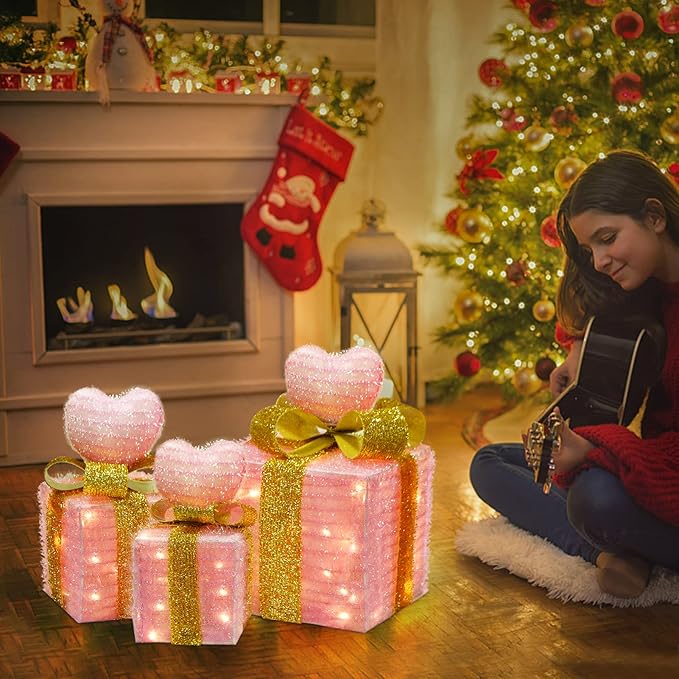 Pink Christmas Decor Light up Gift Boxes with Heart, Light up Xmas Boxes with Battery Operated for Wedding Christmas Valentine's Day Decorations Indoor and Outdoor (3 Pack) (Pink Heart)