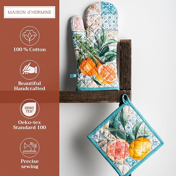 Maison d' Hermine 100% Cotton Oven Mitt & Pot Holder Set (7.5"x13" & 8"x8") Heat Resistant BBQ Cooking Gloves with Loop, Baking, Grilling, Kitchen, Handling Hot Pans Spring/Summer (Agrume)