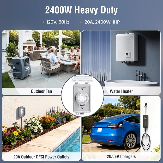 SURAIELEC 20A Heavy Duty 24 Hour Mechanical Timer Switch, 120V 1HP 2400W Hardwired Outdoor Power Controller, Waterproof Junction Box, RV Outlet, Pool Lighting, Security Lights, Christmas Decorations