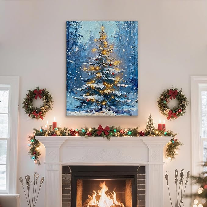 Framed Christmas Pictures Wall Decor,Vintage Pine Tree Prints,Winter Christmas Canvas Wall Art Decoration for Bedroom Bathroom Living Room Rustic Xmas Holiday Gifts (Christmas Tree 1, 16'' X 24'')