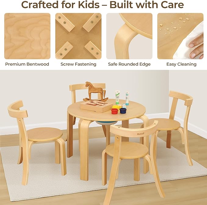 Kid Round Table and 4 Chairs Set with Storage Tub, Wooden Toddler Table Chair for Arts, Crafts, Eating, Learning, Kid Play and Activity Table for Home, Daycare or Playroom