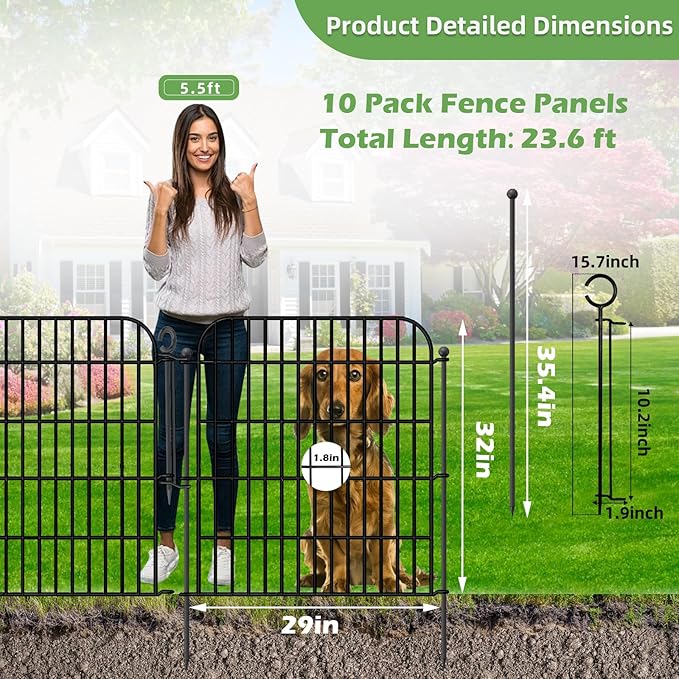 10 Panels Decorative Garden Fence with Gate for Outside, 32 in(H) X 23.6 ft(L) Rustproof Metal Wire Panel Border Fencing with Temporary Ground Stakes, No Dig Animal Barrier for Dog and Patio
