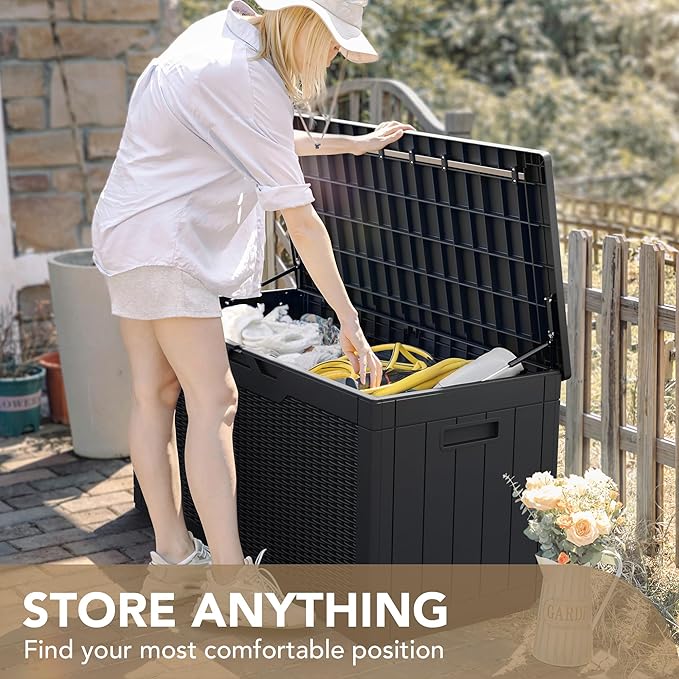 Devoko 100 Gallon Waterproof Large Resin Deck Box Indoor Outdoor Lockable Storage Container for Patio Furniture Cushions Garden Tools (100 Gallon, Black)