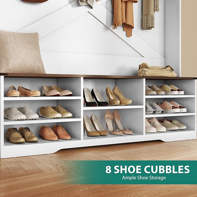 YITAHOME Hall Tree with Bench and Shoe Storage, Mudroom Storage Modern Shoe Cabinet with Bench & 9 Double Prong Hooks, for Entryway & Living Room, Walnut & Off-White