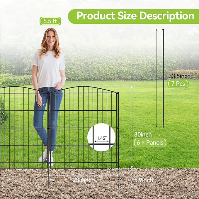 INJOPEXI Garden Fence 6 Panels 11.8ft (L)×30in (H) Decorative Garden Fences with 6 Panels Rustproof Wire No Dig Garden Fence Animal Barrier Fencing Outdoor for Backyard Patio - Without Fence Gate