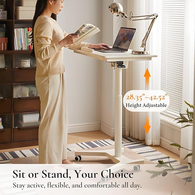 Adjustable Computer Desk, Solid Wood Folding Desk with Wheels, Mobile Home Office Laptop Table, Sit Stand Workstation, Rolling Desk, 28.35-42.52 H x 31.5 W x 19.69 D Inches,White