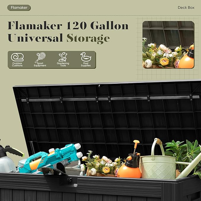 Flamaker Resin Deck Box 120 Gallon Waterproof Large Outdoor Indoor Storage Box Imitation Wood Resin for Patio Furniture Garden Tools and Pool (Black)