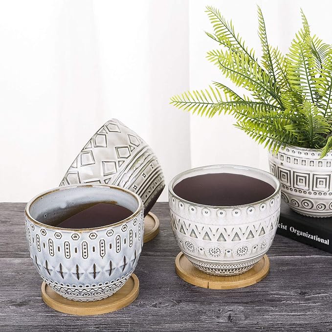 VanEnjoy 5.5 inch Large Round Bohemian Style Ceramic Planter, Geometry Engrave Off White Brown Succulent Planter Flower Pot, Indoor Outdoor Decorative Planter