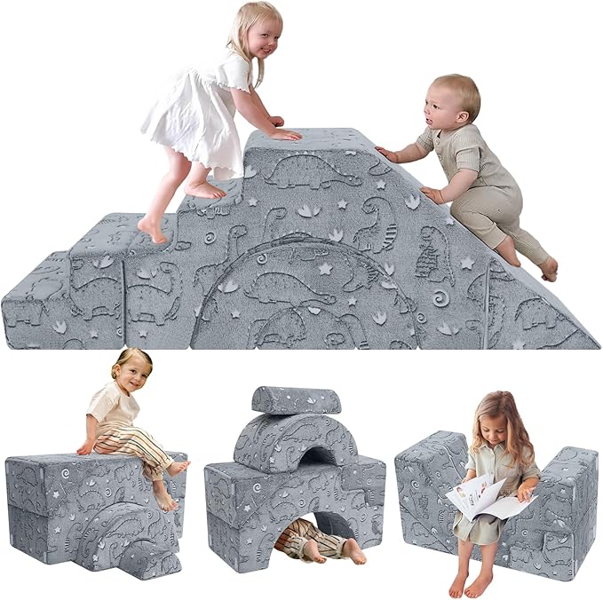 MeMoreCool Foam Climbing Toddler Couch, Modular Kids Sofa with Slide & Stair, Convertible Baby Couch for Playroom, Sectional Furniture for Crawling, Climbing, and Kids’ Play