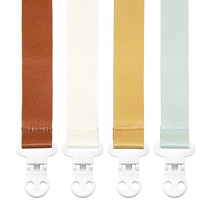 Stadela Baby Pacifier Clip Holder - Girl or Boy Unisex 4 Pack Gift Set – Boho Modern Neutral Brown Yellow White Sage Green Solid Colors (Hayden)