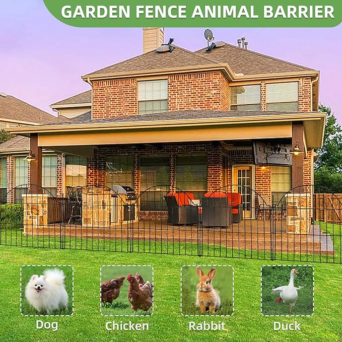 Decorative Metal Garden Fence with Gate Lock 5 Panels, 24in (H) x 10ft (L) No Dig Dog Fence Outdoor for Yard, Temporary Rustproof Metal Wire Rabbit Dog Garden Border Fencing for Patio