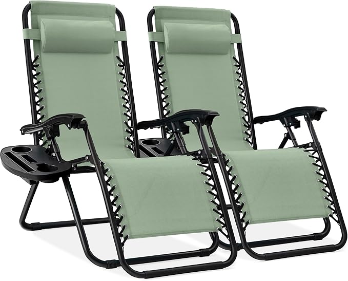 Best Choice Products Set of 2 Adjustable Steel Mesh Zero Gravity Lounge Chair Recliners w/Pillows and Cup Holder Trays - Sage Green
