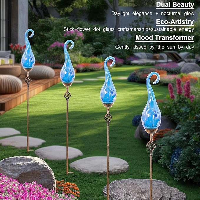 Garden Solar Lights Outdoor, Decorative LED Pearlized Glass Spiral Garden Stake with Finial, Hand Blown Glass and Metal Outdoor Decoration, 3 x 36 Inch (Light Blue)