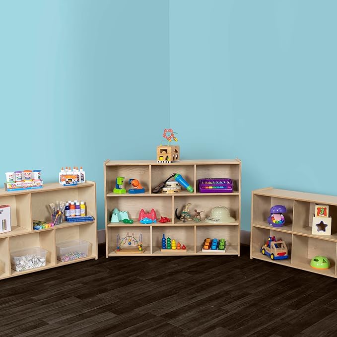 Birch Cubby Storage Organizer Bookcase, 3-Tier Open Shelves, 8-Cube Storage Organizer Display Shelf for Montessori, Kids Room, School, 34" H