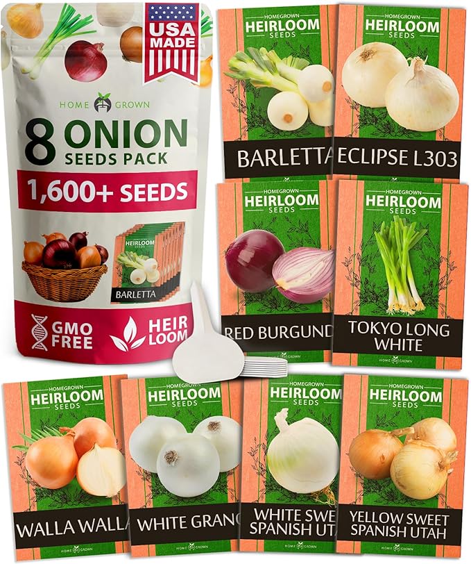 HOME GROWN 8 Onion Seeds for Planting – 1,600 Heirloom Vegetable Seeds – Grow Sweet, Yellow, Red, Spanish, Green & Vidalia Onions in Outdoor or Indoor Home Garden