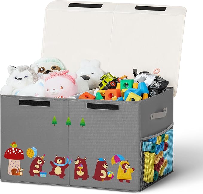 80L Large Toy Storage Box with Lid, Large Toy Box Chest for Kids, Girls and Boys, Nursery Room and Living Room, 26"x13" x16" (grey-bear)