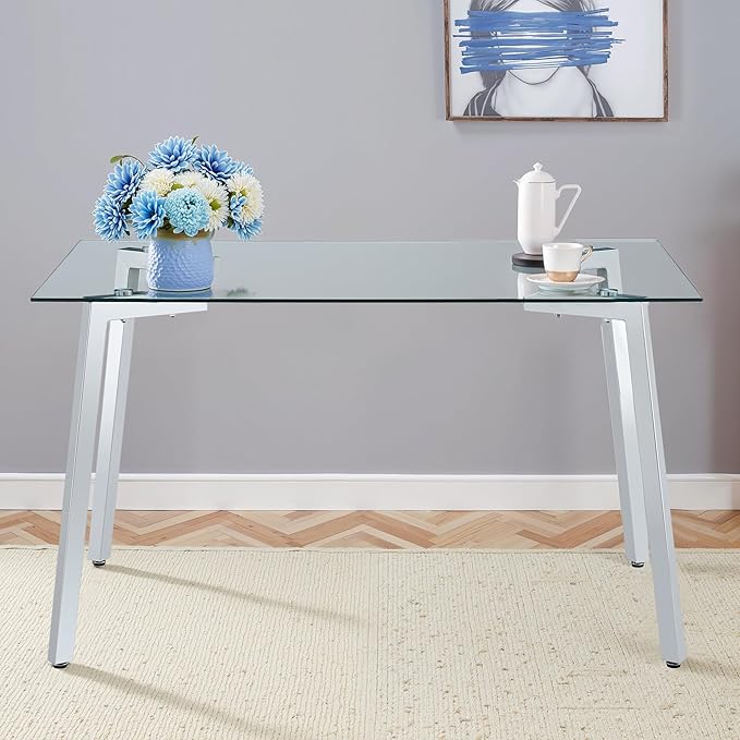 Dining Table for 6 Kitchen Table 51" Rectangular Modern Glass Dining Table Kitchen & Dining Room Tables with Glass Tabletop and Metal Legs for Dining Room and Kitchen, Silver