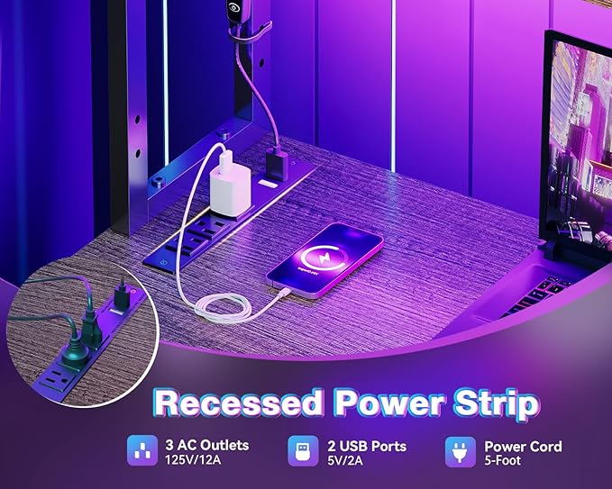 AODK L Shaped Desk Gaming Desk with LED Light & Power Outlet, 53 Inch Reversible L Shaped Computer Table with Shelf & Storage Bag & Hook for Home Office, Grey Oak