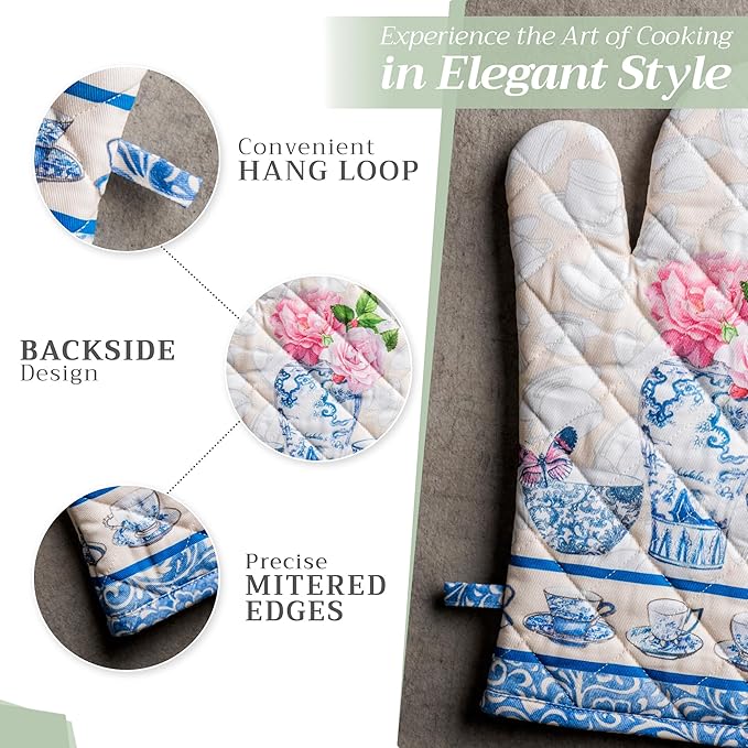 Maison d' Hermine Oven Gloves 100% Cotton Oven Mitt 7" x 13" with Loop Heat Resistant, BBQ, Cooking Gloves, Baking, Grilling, Kitchen, Handling Hot Pans Spring/Summer (Pack of 1, Canton)