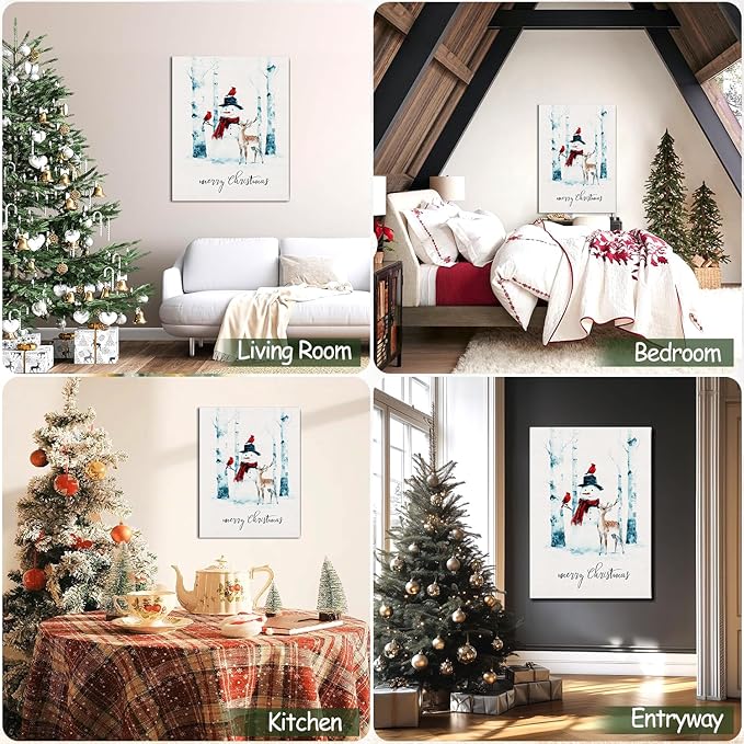 Christmas Snowman Canvas Wall Art - Rustic Winter Scene Framed Print for Farmhouse Living Room, Cozy Christmas Wall Decor, Ideal Christmas Gifts & Festive Decorations