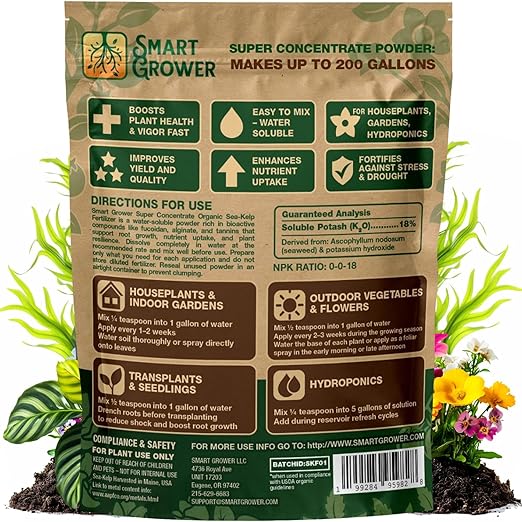 Organic Sea Kelp Fertilizer for Plants – Water-Soluble – Makes 200 Gallons – Kelp Meal Concentrate Plant Food – for Indoor Gardens, Hydroponics, Vegetables, Houseplants - Smart Grower - 8oz Bag