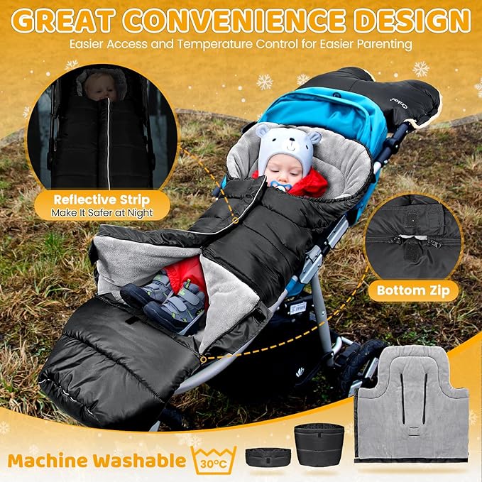 Orzbow Universal Stroller Bunting Bag with Extra Footmuff for Toddler, Kids, Warm Waterproof Stroller Blanket, Winter Cover, Baby Bunting Bag - Protect Babies from Cold Winds, Black
