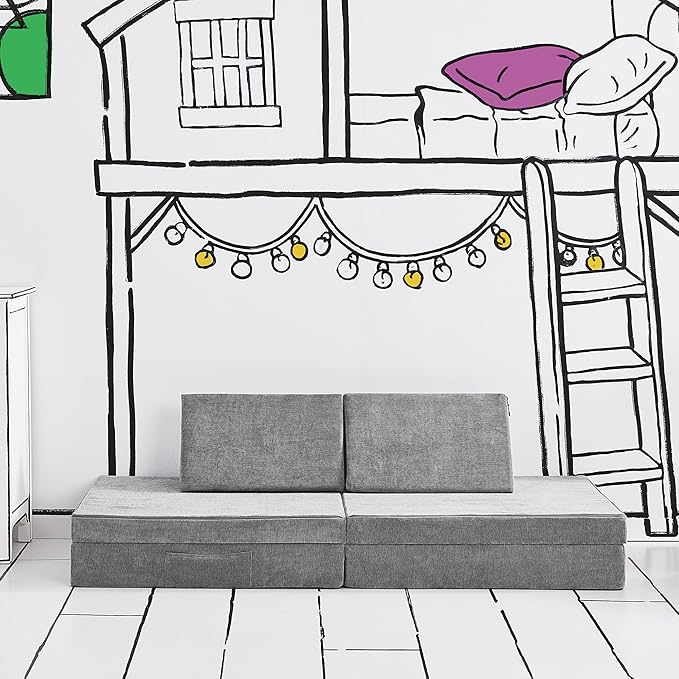 Yourigami Kids and Toddler Play Couch, Convertible Folding Sofa, Durable Foam Modular Design, Mountain Gray