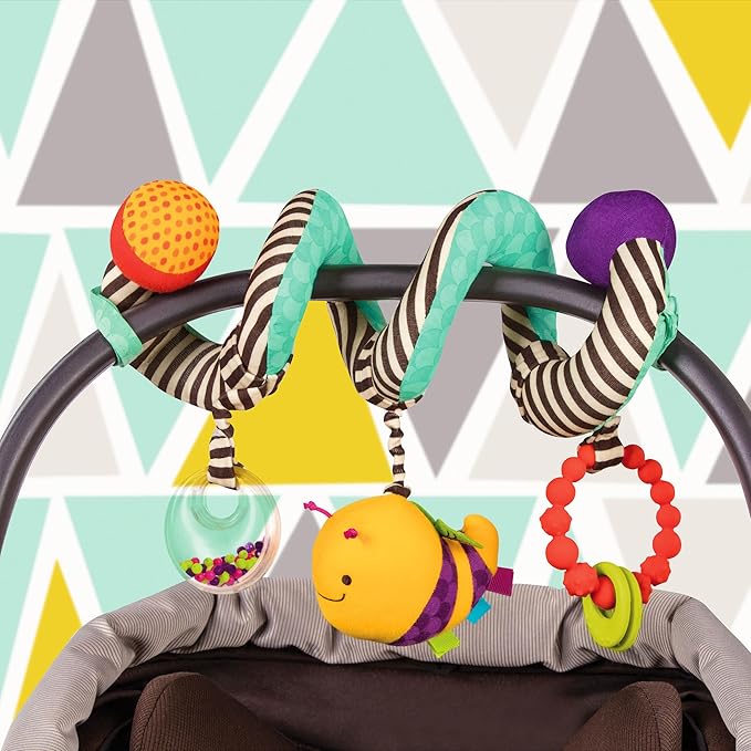 B. toys – Wiggle Wrap for Car Seat, Stroller, Crib – Spiral with 3 Hanging Toys – Rattle, Plush Bee & Teether – Wrap Around Infant – 0+ Months