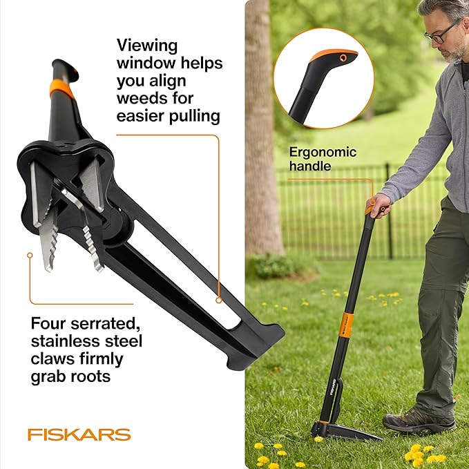 Fiskars 4-Claw Stand Up Weed Puller Tool, Gardening Hand Weeding Tool with 39" Long Ergonomic Handle with Easy-Eject Mechanism