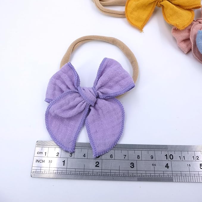 Sugarmelon Original Cotton Gauze Headband for Newborn Toddler Infant Baby Girl Kids Muslin Cotton Hair Bow Headbands Turban Elastic Hair Bands (6 pcs Bow Nylon Headband)