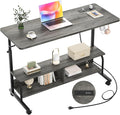 Height Adjustable Standing Desk with Power Outlets, 47" Manual Stand Up Desk with Storage Shelves Small Mobile Rolling Computer Desk Portable Laptop Table with Wheels for Home Office, Grey Oak