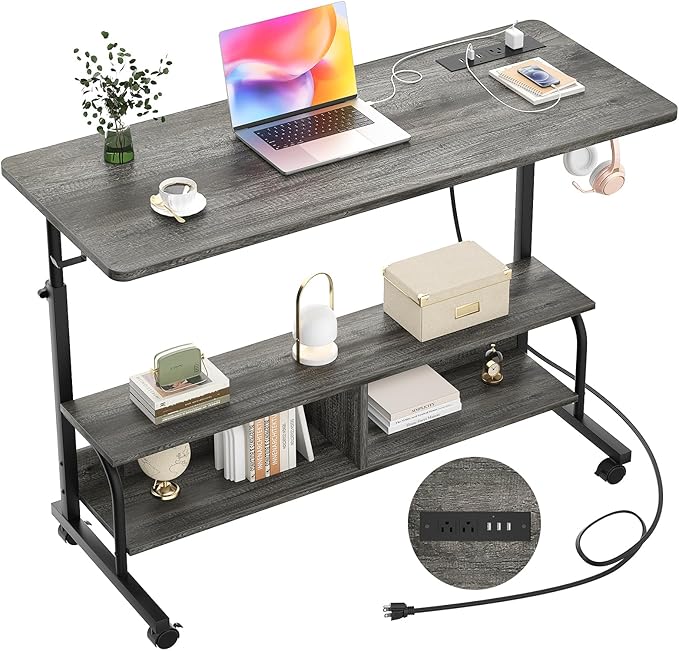 Height Adjustable Standing Desk with Power Outlets, 47" Manual Stand Up Desk with Storage Shelves Small Mobile Rolling Computer Desk Portable Laptop Table with Wheels for Home Office, Grey Oak