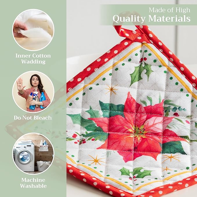 Maison d' Hermine Pot Holders 100% Cotton Heat Resistant Potholders 8" x 8" Hot Pads with Loop for Thanksgiving Christmas Decorations BBQ Cooking Handling Hot Pans (Pack of 1, Poinsettia Christmas)