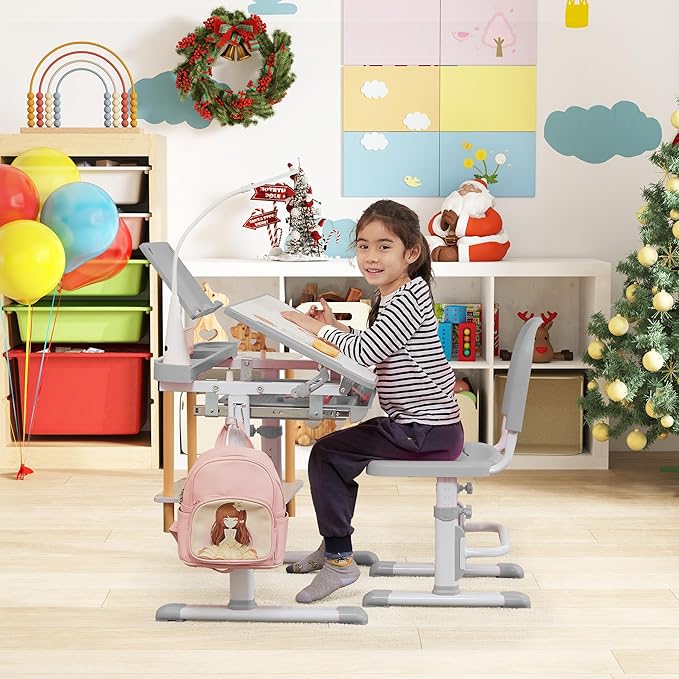 Real Relax Kids Desk and Chair Set, Children's Multifunctional School Tables with Tilt Desktop, LED Light, Metal Hook Grey