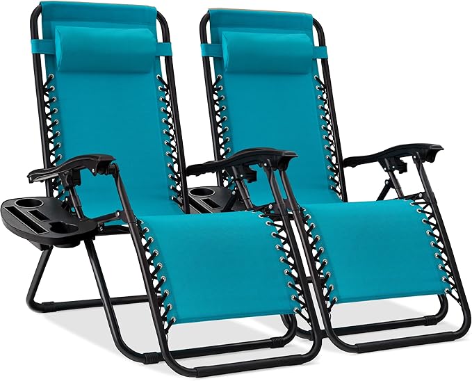 Best Choice Products Set of 2 Adjustable Steel Mesh Zero Gravity Lounge Chair Recliners w/Pillows and Cup Holder Trays - Peacock Blue