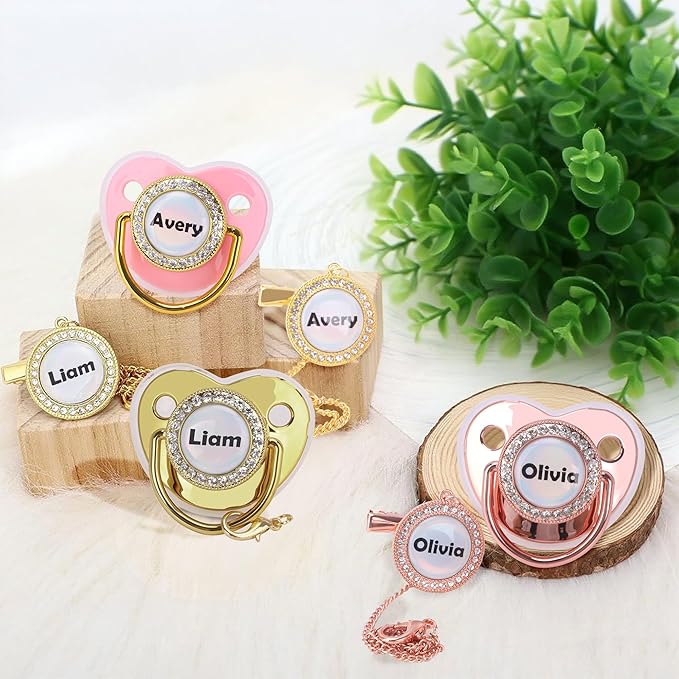 Personalized Pacifier with Name, Customized Pacifier Clip Set with Gift Box, Glitter Crystal Luxurious Soother Dummy Ideal Gift for Boys Girls Baby Shower(Gold)
