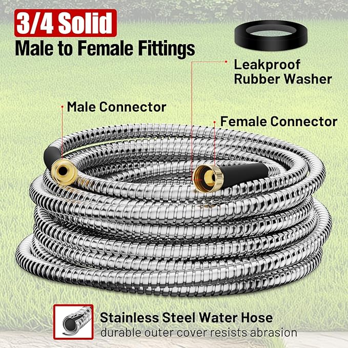 100 ft Garden Hose, Stainless Steel Metal Water Hose 100 Feet with Nozzle, Flexible, Rust Proof, No-Kink, Heavy Duty, Leakproof 3/4 in Fittings, Lightweight Metal Hose, BT100S Model
