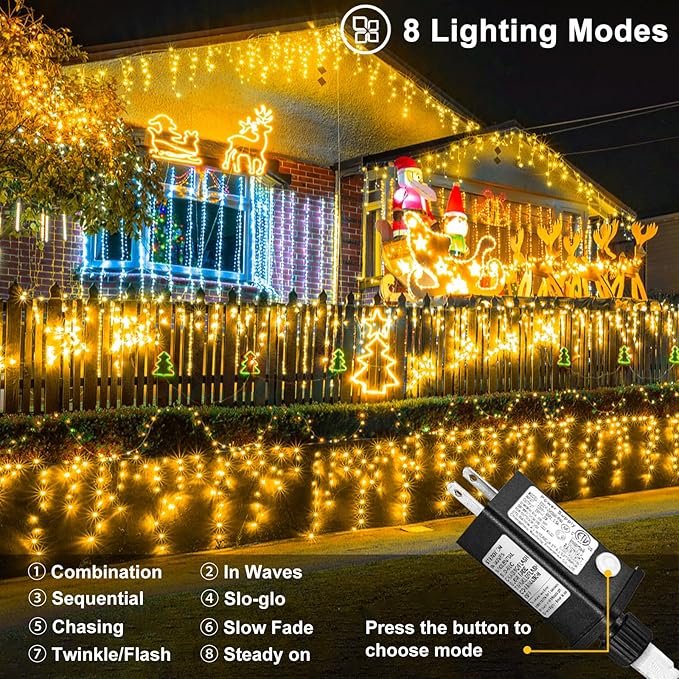 Warm White Christmas Lights Outdoor, 66ft 640 LED Icicle Lights for Outside House with Connectable Clear Wire 8 Modes Timer, Plug in Waterproof for Eaves Yard Party Indoor Holiday Decoration