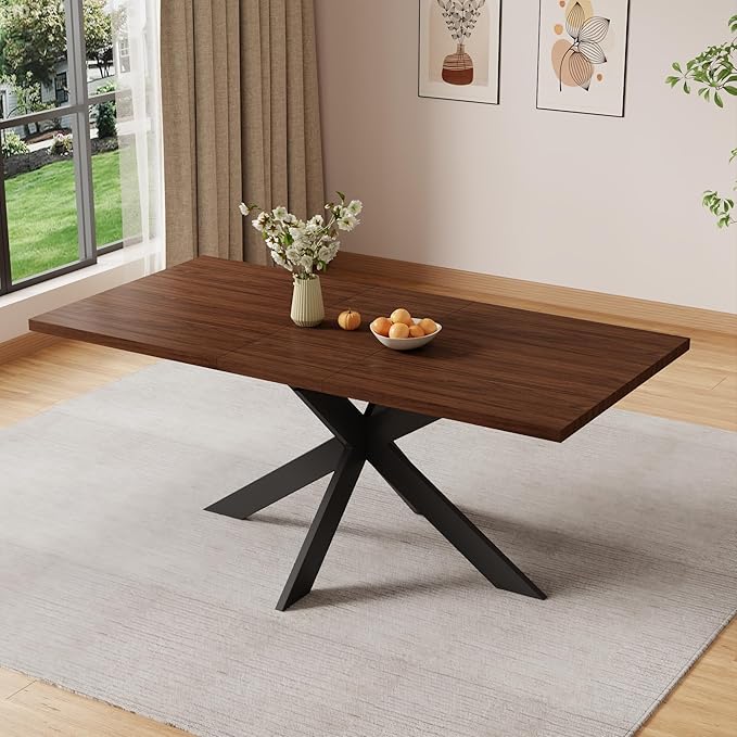 ZckyCine 51"-67" Extendable Dining Table, Modern Walnut Finish Table with Sturdy Metal Frame, Rectangular Kitchen Table for 6-8 People, Easy Assembly