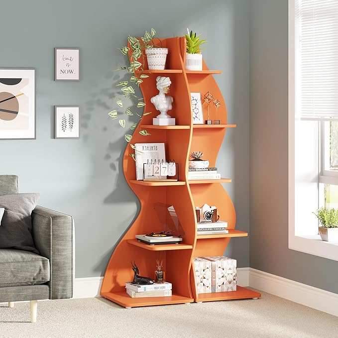 Tribesigns Corner Shelf, Modern 5-Tier Wall Corner Bookshelf, Stylish Corner Small Bookcase Storage Rack Plant Stand with Unique Shape for Living Room, Home Office (Orange, 2PCS)