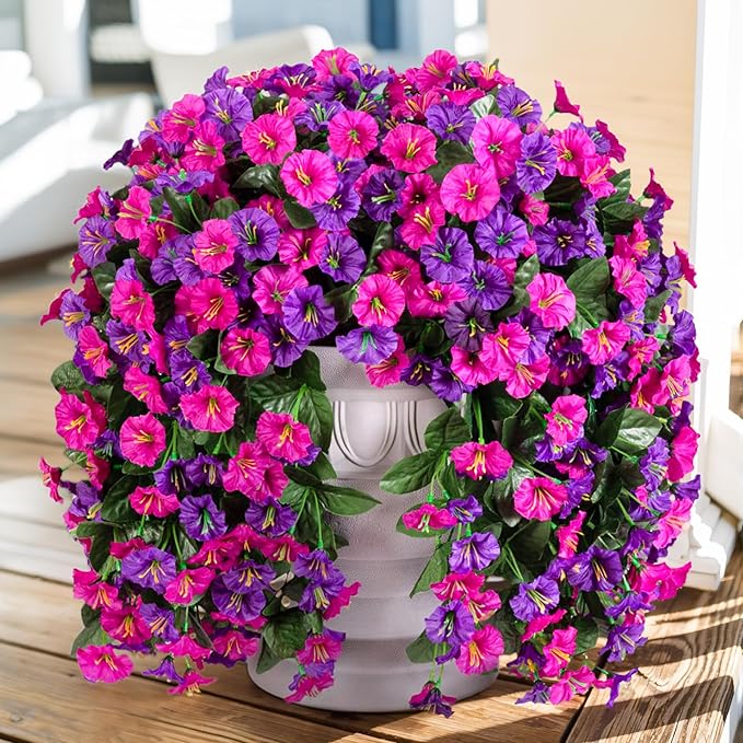Artificial Fake Fall Hanging Plants Flowers for Outdoor 2 PCS Faux Silk Morning Glory Vines Stems UV Resistant for Wall Home Porch Patio Party Wedding Decor (Dark Purple and Fuchsia)