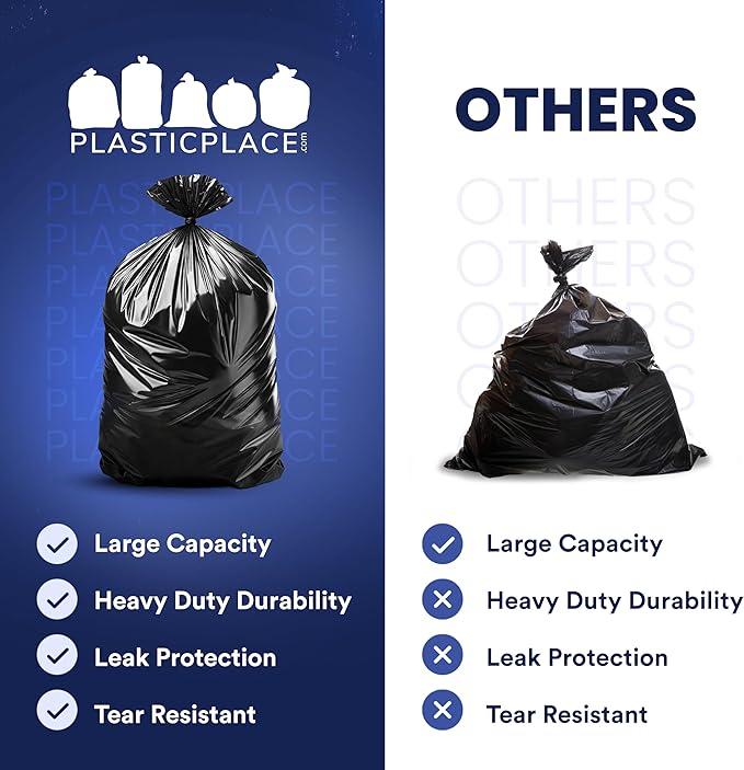 Plasticplace 55-60 Gallon Trash Bags │ 1.0 Mil │ Black Heavy Duty Garbage Can